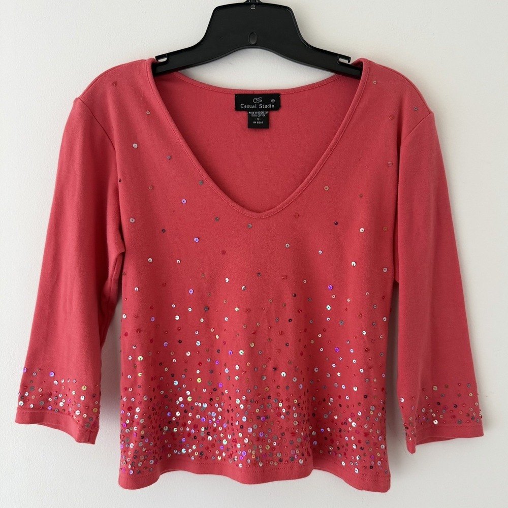 Casual Studio Pink Sequin Ombre V Neck Top 3/4‎ Sleeve Cotton Y2K S Kidcore